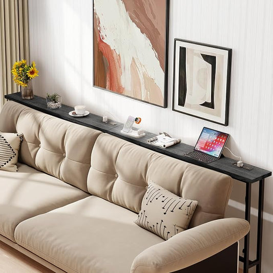 GRLEAF 90" Sofa Table with Built-in Power Strip (4 AC Outlets & 4 USB Ports) – 4.9ft Power Cord, Metal Frame, Easy Assembly, Long Couch Table Behind Sofa, Living Room and Home Office | Charcoal Gray