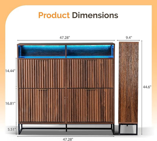 VINGLI Walnut Fluted Shoe Cabinet for Entryway, Narrow Hidden Shoe Storage Organizer with 4 Flip Drawers & 16-Color LED Lights, Mid Century Modern Slim Freestanding Shoe Rack with Cubby