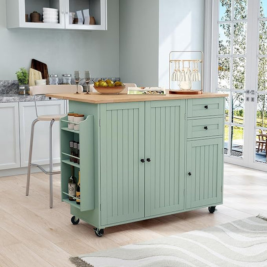 HLR Kitchen Island with Storage, Sage Green Rolling Kitchen Cart on Wheels with Drop-Leaf Bar Countertop, Islands Prep Table with Side Open Spice Rack and Tower Rack, Extra Storage for Kitchen