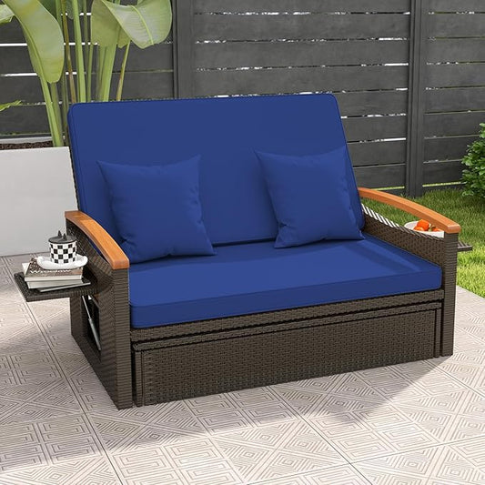 LDAILY Moccha Outdoor Wicker Daybed, Patio Rattan Loveseat Sofa w/ 4-Level Adjustable Backrest, Folding Panels, Storage Ottoman & Cushions, Lounge Furniture Set for Poolside Backyard Porch (Navy)