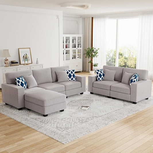 Legend Vansen Oversized Modular Sectional Sofa,U/L‑Shaped Reversible Couch with Ottoman,Deep Seat Plush Polyester Sofa for Living Room,6‑Seater,Light Grey