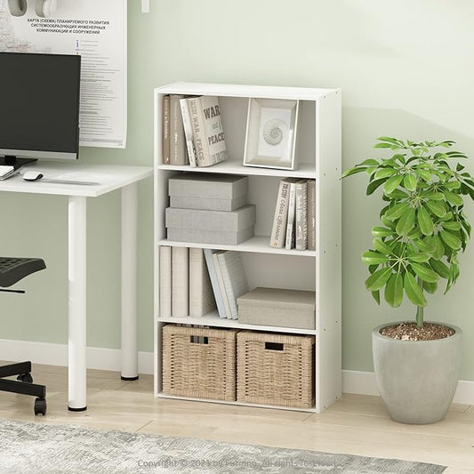 Furinno PASIR Book Shelf, 4-Tier Bookshelf, Bookcase with Open Shelf, 9.4 x 23.6 x 41.7, for Living Room, Bedroom, Home Office, White