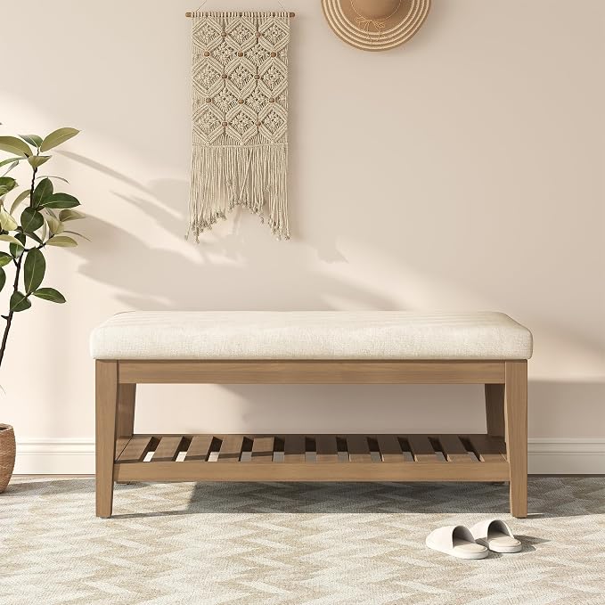 Apicizon 45" Shoe Rack Bench with Cushion, Solid Rubberwood Entryway Bench with Shoe Storage, Modern Chenille Upholstered Shoe Storage Bench for Hallway Bedroom Living Room Front Door Entrance, Beige