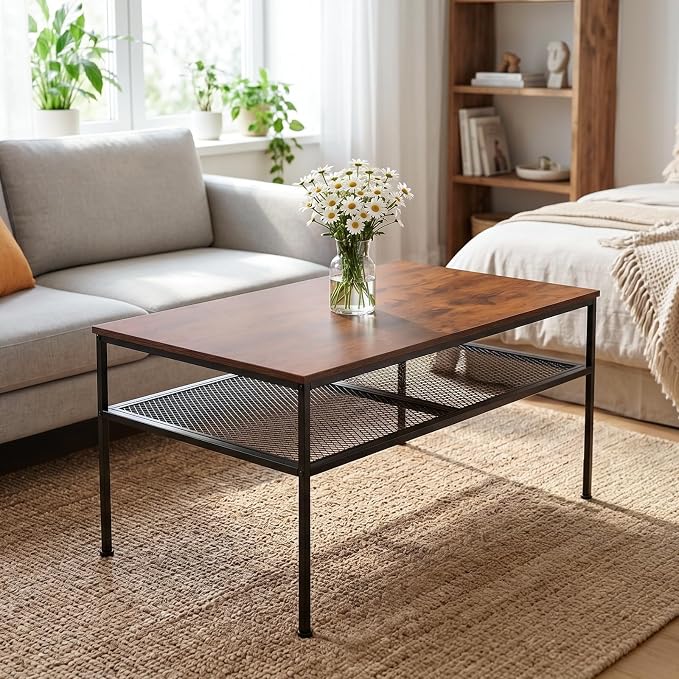 SENIG 2-Tier Coffee Table 35.4" with Iron-Mesh Storage Shelf, Brown Oak | Industrial Wood and Metal Center Table for Home Office Kitchen 35.4" L x 23.6" W