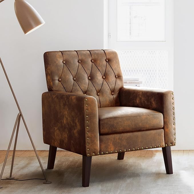 LUE BONA Upholstered Faux Leather Accent Chair 18.5" H, Button Tufted Armchair, Comfy Living Room Chair with Arms, Modern Arm Chairs for Bedroom, Living Room, Small Space Yellowish Brown