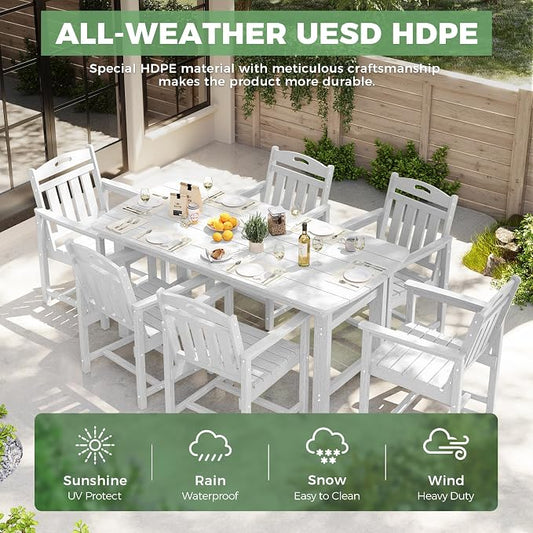 HDPE Outdoor Dining Set, Patio Table and Chairs Set, All-Weather 7-Piece Outside Table and 6 Chairs, 2" Umbrella Hole, Outdoor Furniture for Garden, Poolside, Backyard, Deck | White