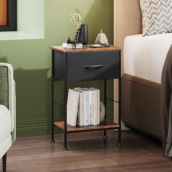 WLIVE Small Black Nightstand with Drawer, Fabric Bedside Table, 25.0" H | Night Stand with Open Wood Shelf, End Table with Steel Frame, Side Table for Bedroom, Dorm, Easy Assembly