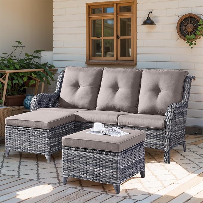 Outdoor Patio Furniture - 3 Seater Outdoor Rattan Wicker Sofa Patio Couch with Ottoman for Porch Deck Garden Backyard - Grey/Grey