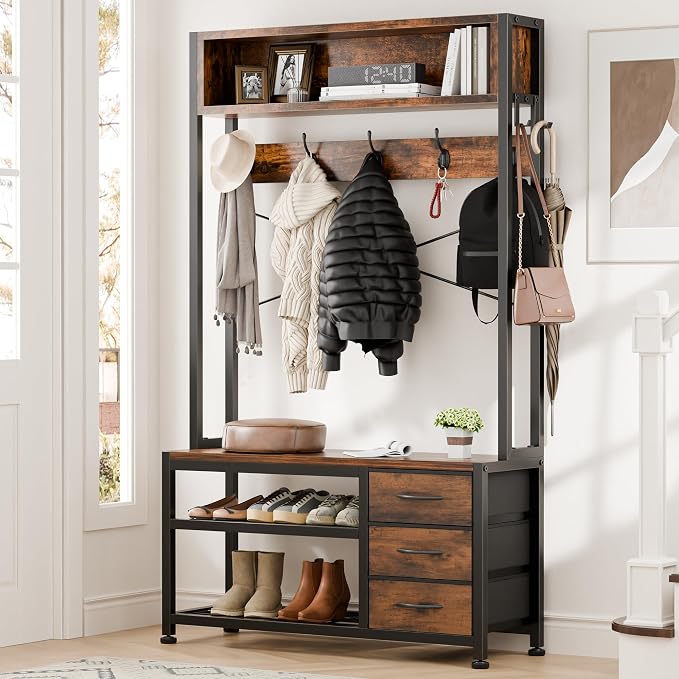 Lulive Hall Tree with Bench and Shoe Storage, 31.5" Coat Rack Freestanding with 2-Tier Storage Shelf, 6-in-1 Entryway Bench Coat Rack with 12 Hooks and 3 Drawers(Rustic Brown)