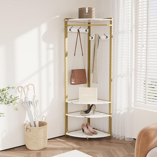 Coat Rack Freestanding with 6 Double Hooks, Shoe Bench & Storage Shelf - Freestanding Hall Tree Organizer for Entryway, Bedroom, Living Room, Space-Saving,Gold+Marble White