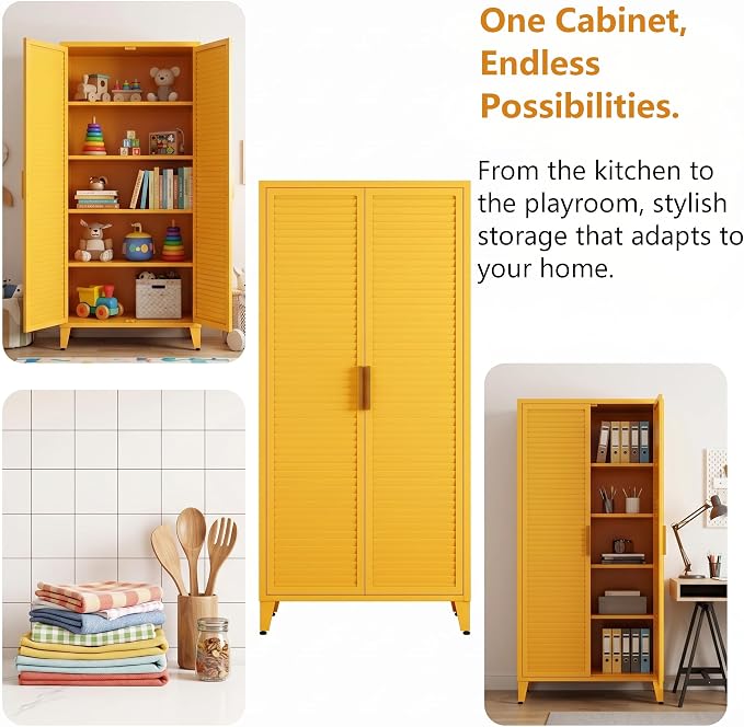 61" Tall Yellow Kitchen Pantry Cabinet, Farmhouse Metal Pantry Storage Cabinets, with 2 Louvered Door and 3 Adjustable Shelves, Multipurpose Storage Organizer, for Home, Entryway, Kids Room