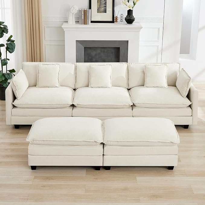 111'' Sectional Cloud Deep Seat Couch, Oversized Chenille U Shaped Sectional Sofa for Living Room Set, Comfy Upholstered Modular 5-Seats Sectional Sofa Couch with 2 Movable Ottoman, Beige