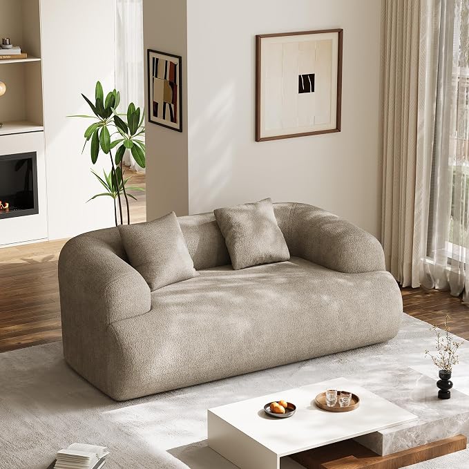 75" Boneless Cloud Loveseat, Modern Cute Curved Chenille Sofa, 2 Seater Compression Couch with 2 Pillows, No Assembly Required for Apartment Living Room, Light Brown