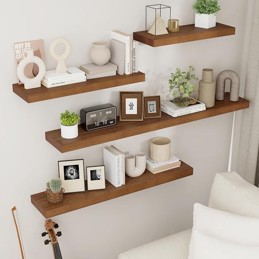 fuqing Rustic Floating Shelves, Wooden Floating Shelves for Wall Set of 3, Wall Mounted Dark Wood Shelves for Living Room Bedroom Bathroom Kitchen - Dark Walnut
