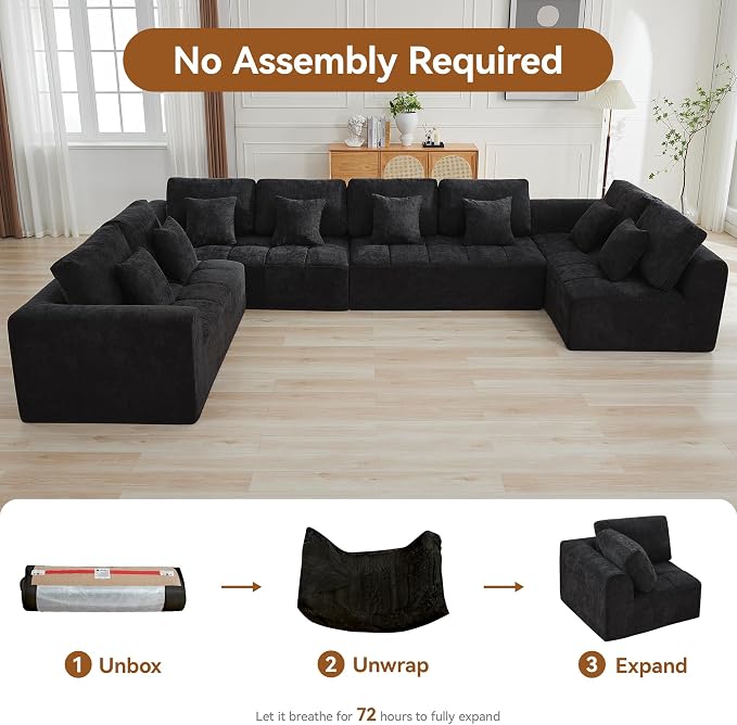 170''Modular Sectional Couches for Living Room, Cloud Boneless Compressed Sectional Sofa, Oversized U Shaped 8 Seater Upholstered Memory Foam Sofa, No Assembly, Chenille Black