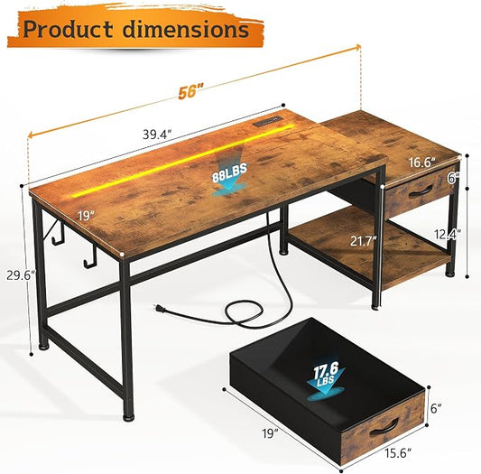 DurayLoly 56" Computer Desk with Printer Shelf & Power Outlets – Reversible Gaming Desk with LED Lights, Drawer & Headphone Hook for Teen Bedroom, Dorm, Home Office, Rustic Brown