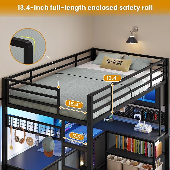 ADORNEVE Twin Size Loft Bed with L-Shaped Gaming Desk, Storage Drawers & Hutch, Expanded Safety Power Outlet, Metal Loft Bed Frame with RGB Lights, Space Saving for Teens, Black