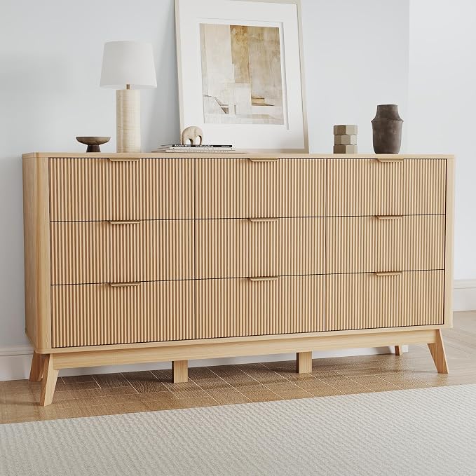 SUNWAVE 9 Drawer Dresser for Bedroom, 59.1" Large Fluted Dresser with Round Corner, Modern Dressers Wood Chest of Drawer for Living Room (Oak)