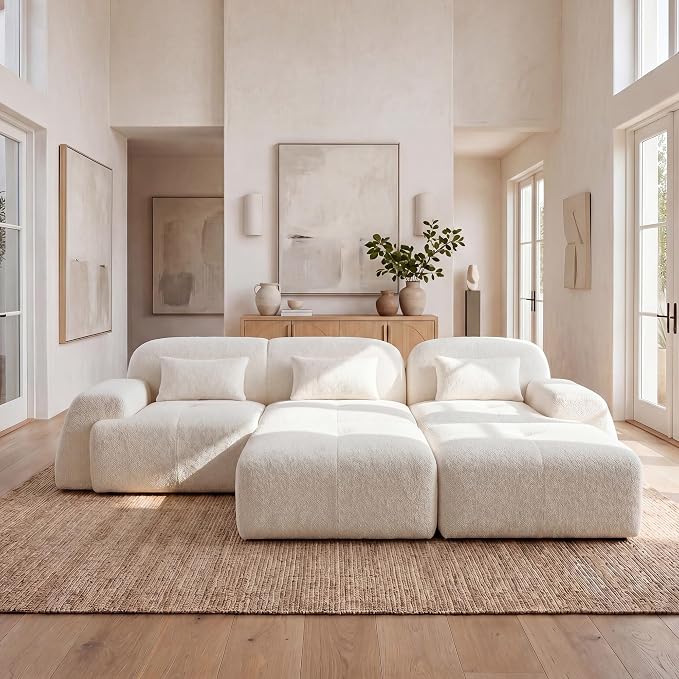 118'' Modular Sectional Cloud Couch Boneless Couches, Oversize Curved Sectional Couches for Living Room, Deep Seat Couch Lambswool Sofa with Ottoman & Throw Pillows, No Assembly, HR Foam