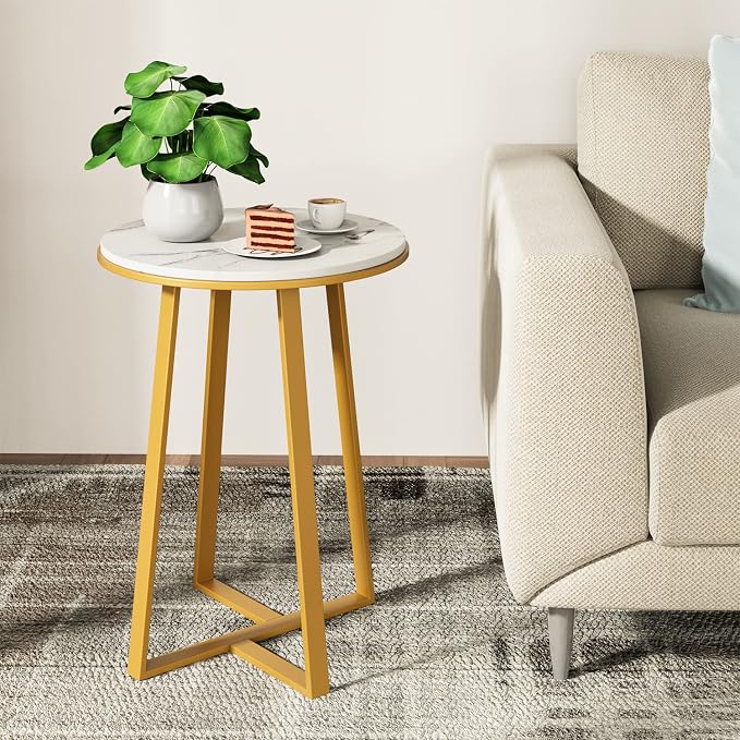 Dorriss Round End Tables, Small Side Table White Marble Texture MDF Top,Metal Frame Gold Color, Tall End Table for Bed Room,Coffee Tea End Table for Living Room (White Marble+Gold)