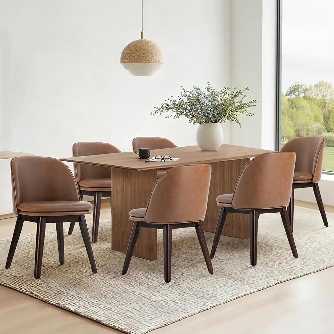 KISLOT Wooden Dining Chairs Set of 2, Faux Leather Upholstered Modern Dining Room Chairs with Double-Layer Thick Seat Cushion & Ergonomic Backrest for Restaurant, Kitchen and CafΓ©, Brown