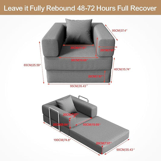 Single Couch Sofa for Small Spaces 2 in 1 Convertible Sofa to Lounger Comfy Bean Bag Chair for Adults with Removable Cover with Pillows for Bedroom, Apartment, Office(Light Gray, 35.43" Single Sofa)