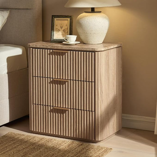 Fluted Nightstand Set of 2, 23" W Night Stand with 3 Drawers, Wood Bed Side Table with Faux Marble-Top, Curved Corner, Metal Handle, Modern Bedside Table for Bedroom, Living Room, Office, Natural Oak