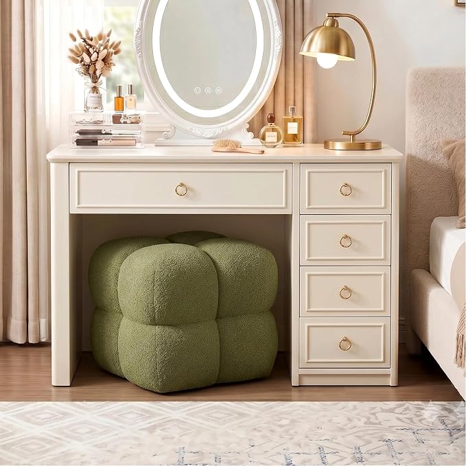 Zesthouse Square Pouf Ottomans Footstool Set of 2, Upholstered Poofy Ottoman for Couch Sofa, Modern Vanity Chair Backless for Living Room, Green Boucle Stool Foot Rest, Fabric Ottoman Coffee Table