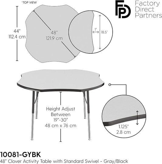 FDP Clover Activity School and Office Table (48 x 48 inch), Standard Legs with Swivel Glides for Collaborative Seating Environments, Adjustable Height 19-30 inches - Gray Top and Black Edge