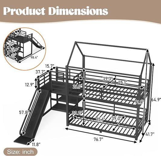 Harper & Bright Designs Metal House Bunk Bed with Slide and Roof, Twin Over Twin Floor Bunk Bed with Staircase and Full Length Guardrails, No Box Spring Required, Noise Free, Space Saving, Black