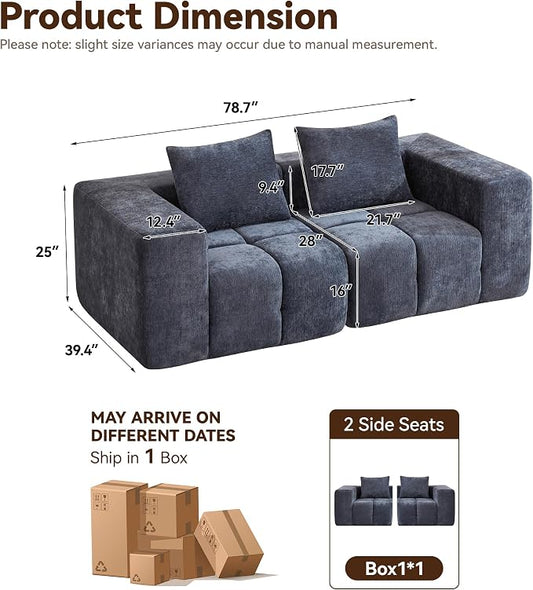 78.7" Loveseat Boneless Couch, Upholstered Cloud Love Seat with Deep Seat, Modular Sectional 2 Seater Memory Foam Sofas for Living Room Apartment Small Spaces, Oversized Tufted Sofa, Blue