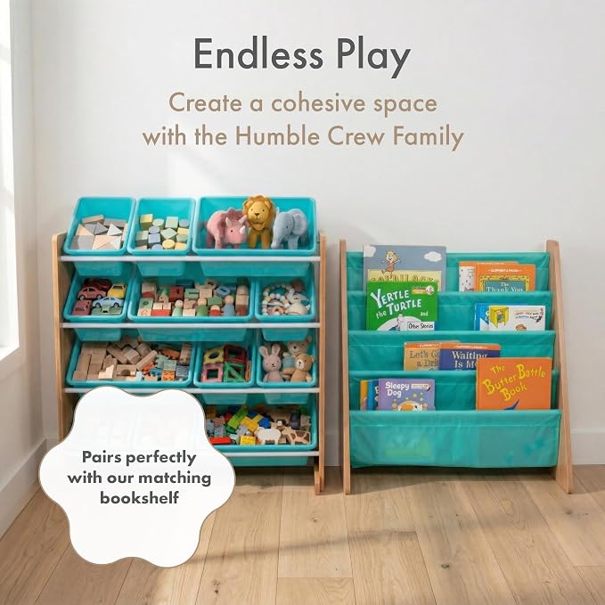 Humble Crew Toy Storage Organizer with 12 Removable Storage Bins for Kids Playroom, 4-Tier Toddler Toy Organization, Natural Wood/Aqua