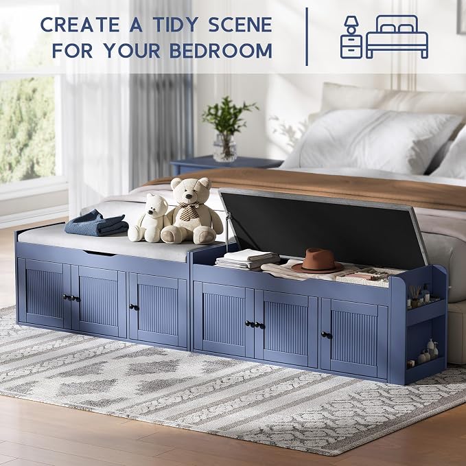 42.6" Entryway Shoe Storage Bench with Padded Seat, 3 Doors and Side Shelves, Lift Top Storage Bench for Shoes, Hallway, Bedroom, Living Room, Navy Blue