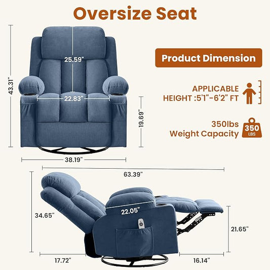 MAHOMICO Swivel Rocker Recliner Chair with Vibration Massage and Heat for Living Room,with Rocking Function and Side Pocket, USB Charge Port,2 Cup Holders