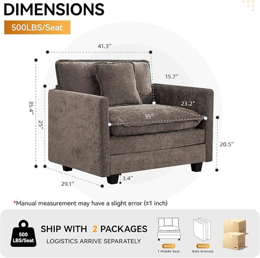 WUTUTUEE 41'' Modern Chenille Oversized Chair, Upholstered Accent Living Room Chair with Extra Thicked Deep Seat, Single Lounge Chair for Bedroom, Small Apartment, Brown