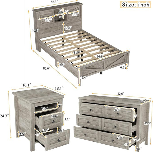 3 Pieces Bedroom Furniture Set Full Size Bed Frame with Storage Headboard and Charging Station, Farmhouse Platform Bed Frames with Nightstand and Dresser, for Bedroom, Living Room (Gray, Full)