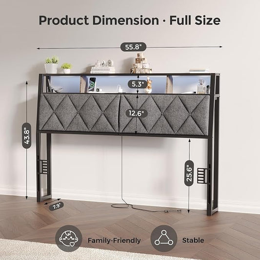 Full Headboard Only, Headboard for Full Size Bed with Storage, Upholstered Headboards with LED Lights & Charging Station, Attach Frame, Ideal for Bedroom/Dorm/Guest Room, Dark Grey & Brown