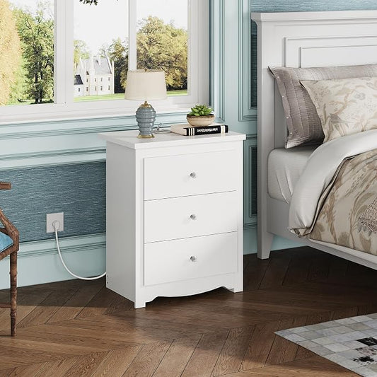 WLIVE White Nightstand with Charging Station, Wood Night Stand with 3 Drawers Storage, Tall Bedside Table End Side Tables with 2 USB Ports and Outlets for Bedroom, Closet, White
