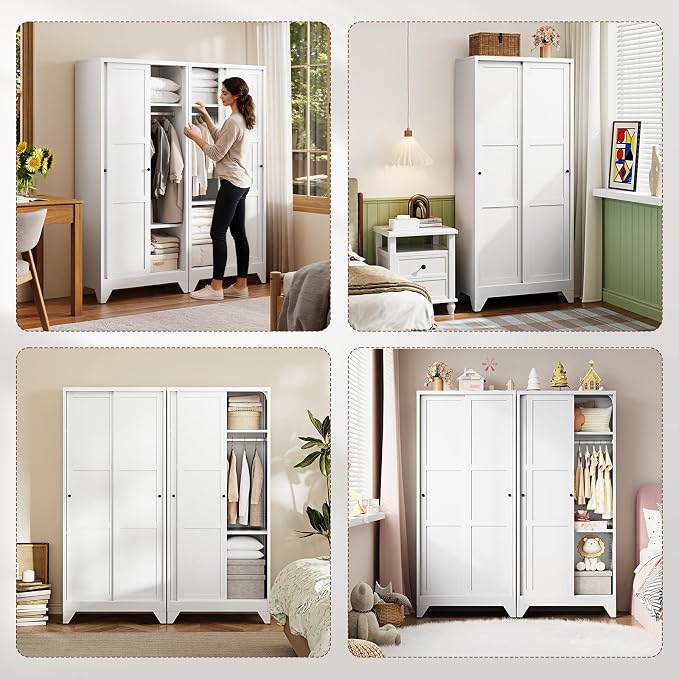 Letaya Armoire Wardrobe Closet,20" Deep Armoire Wardrobe Cabinets with Sliding Doors and Shelves,Narrow Slim Coat Closet Cabinet with Hanging Rod for Home (White)