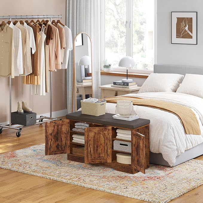 DINZI LVJ Shoe Bench, Entryway Storage Bench with Doors, Cushion, 3-Tier Shoe Rack with 9-Cubby, 39.4" L x 13.8" W Shoe Organizer Cabinet, Fully Adjustable Shelves, Living Room, Bedroom, Rustic Brown