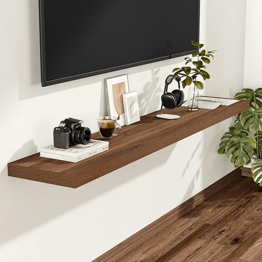 Vivelove Rustic Floating Shelves for Wall 12 Inch Deep, 48" X 12" X 1.5" Floating Shelf, 2 Inch Thick Shelf for Living Room Bathroom Bedroom Kitchen Office, Rustic Farmhouse Decor Set of 2, Walnut