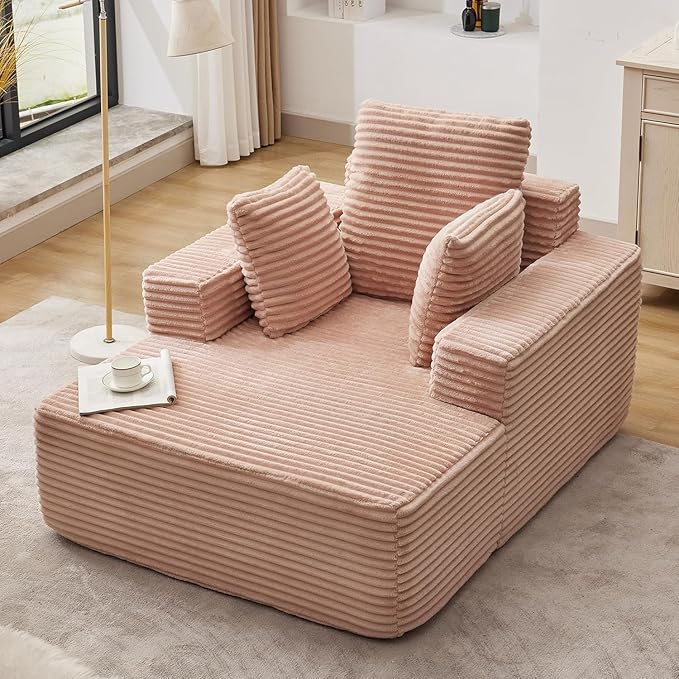 Boneless Chaise Lounge Chair, 54" Oversized Cloud Couch Sofa with Deep Seat, Plush Corduroy Reading Chair for Living Room, Bedroom, Reading Nook, Apartment, Gaming Room & Movie Nights, Pink