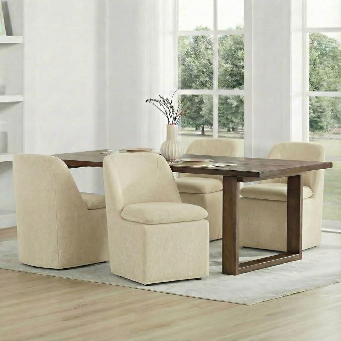 KISLOT Upholstered Dining Chairs Set of 2 with Casters, Modern Side Armless Deskchair with Washable Slipcover & Sturdy Metal Frame for Diningroom Bedroom Livingroom Reading Room, Sand Fabric