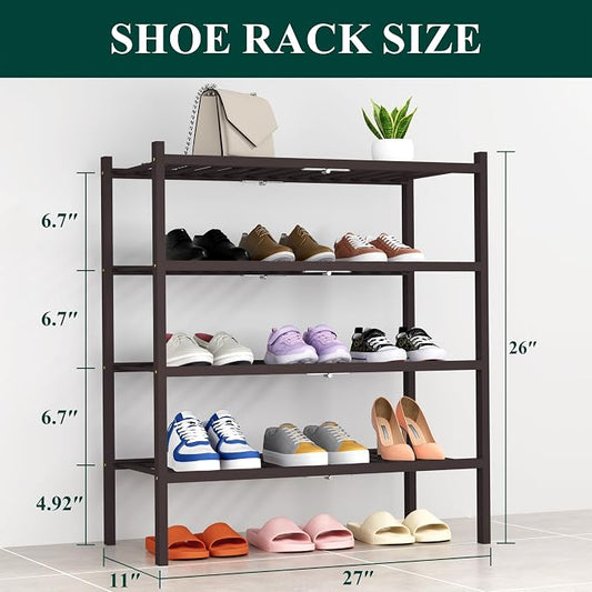 Smiry Bamboo Shoe Rack, 4 Tier Free Standing Wooden Shoe Organizer, Stackable Wood Shoe Storage Shelf for Closet, Entryway, 14 Vertical Slats, 2+2 Stack Heavy-Duty Legs, 26.8"x11"x26", Brown
