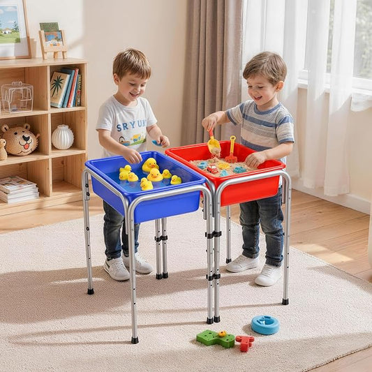 VEVOR Sensory Table for Toddlers, Kids 2-Station Sand and Water Adjustable Play Table with Detachable Storage Bins and Non-Slip Feet, Carbon Steel Frame, Rounded Corners, for Boys and Girls Exploring