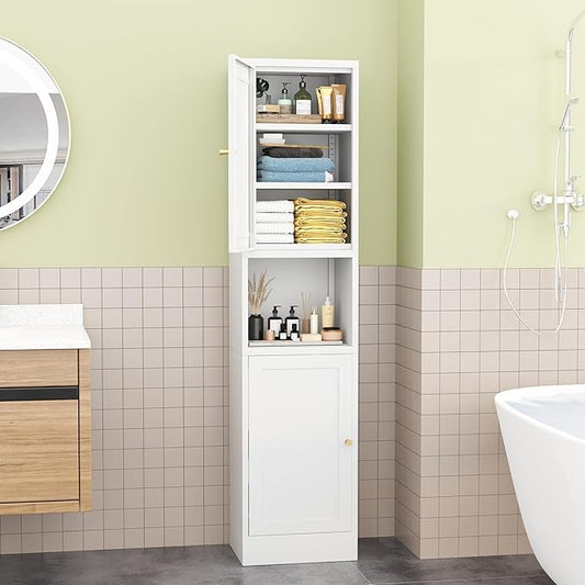 69" Tall Metal Pantry Cabinet with Microwave Stand,Microwave Storage Cabinet with 2 Doors & 3 Adjustable Shelves for Kitchen (2doors-White, 11.81" D x 15.75" W x 66.93" H)
