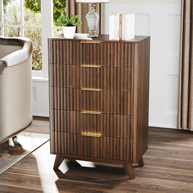 VINGLI Fluted Tall Dresser 5 Drawer Chest of Drawers, Walnut Wood Dresser for Bedroom Mid Century Modern with Rounded Edge, 29.92" W*15.6" D*44.88" H
