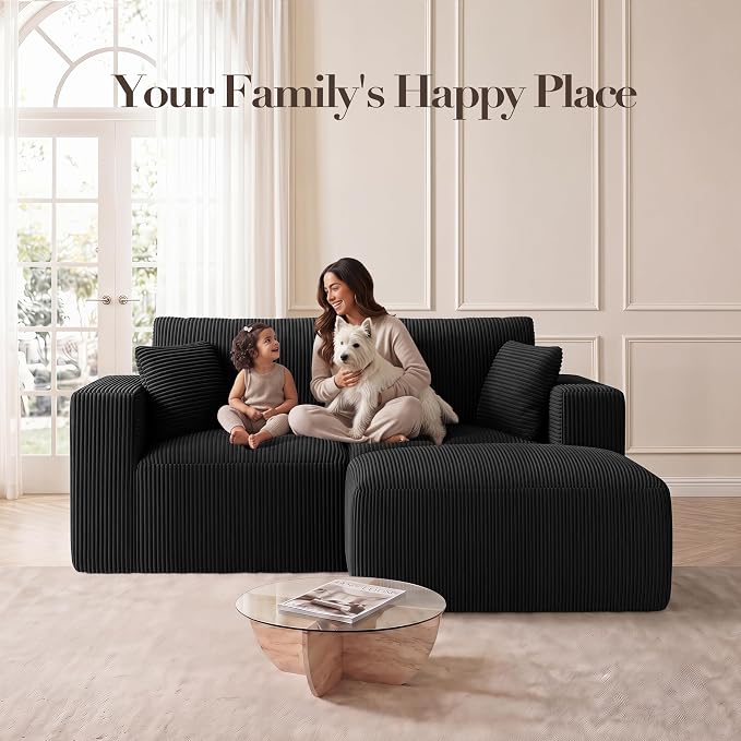Modular Sectional Sofa with Ottoman, L-Shaped Cloud Couch, 79" Memory Foam Boneless Loveseat with Chaise, No Assembly Required Corduroy Frameless Sofa for Small Living Room Apartment Home Decor, Black