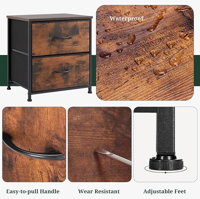 Nightstand, Small 2 Drawer Dresser End Table Bedside Furniture, Wooden Top Fabric Bins for Bedroom, Closet, Entryway, Dorm, 11.8" D x 18" W x 20", Brown