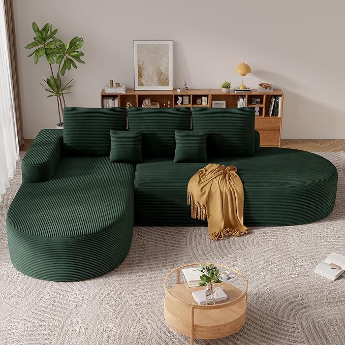112" Modern Curved Cloud Couch, Boneless Couches for Living Room with Deep Seat, Memory Foam Compressed Modular Sectional Sofa, No Assembly Required,Green 1 PCS